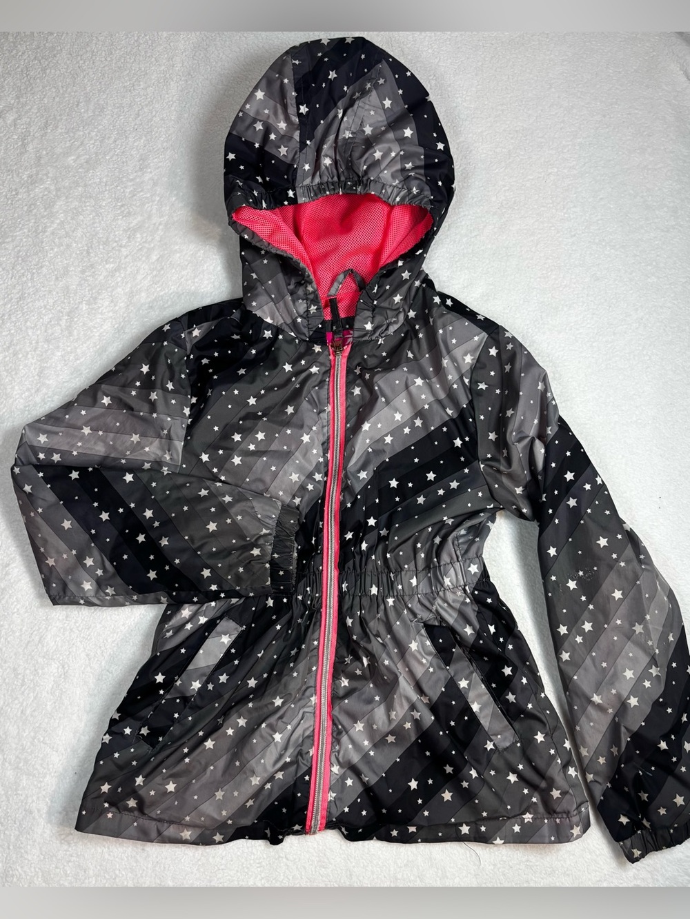 Pink Platinum Girls Hooded Rain Jacket Star Print Pink Lining Size 7/8 Zip Coat